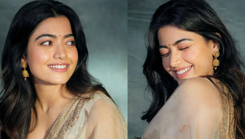 Rashmika Mandanna, dressed in a white sharira, steals the show during the Kuberaa song premiere.