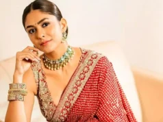 In her most recent ensemble, Mrunal Thakur effortlessly combines vintage-inspired edge with black-tie glitz. Mrunal Thakur skillfully blends black-tie glamor with vintage-inspired edge in her most recent ensemble.