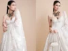 Athiya Shetty’s Rohit Bal anarkali has pearl embroidery and the house’s characteristic thread at the neckline.