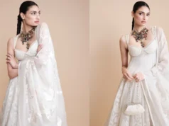 Athiya Shetty’s Rohit Bal anarkali has pearl embroidery and the house’s characteristic thread at the neckline.