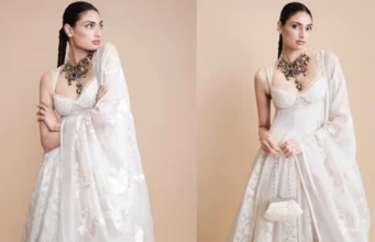 Athiya Shetty’s Rohit Bal anarkali has pearl embroidery and the house’s characteristic thread at the neckline.