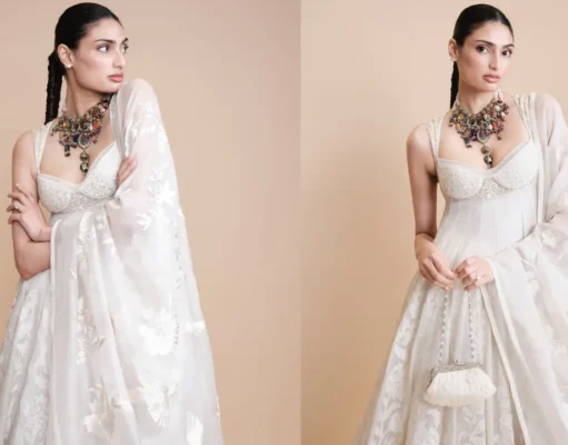 Athiya Shetty’s Rohit Bal anarkali has pearl embroidery and the house’s characteristic thread at the neckline.