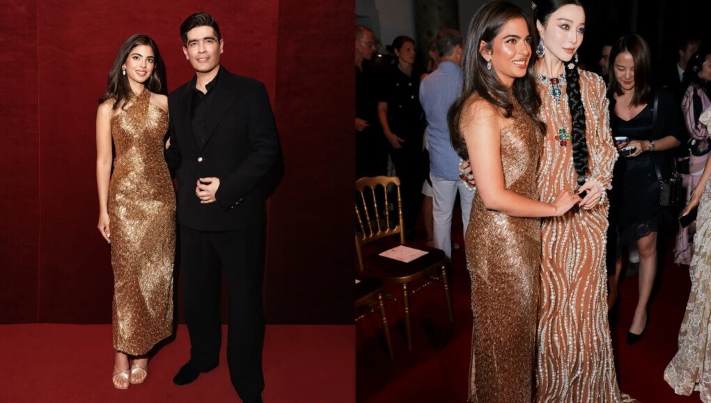 Isha Ambani in Manish Malhotra’s handmade gold sculpted dress