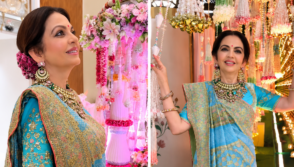 Decoding Nita Ambani’s Janmashtami Look: Emeralds, Bandhani Sari, and Floral Bun